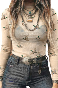KaleaBoutique Stylish High Neck Western Print Mesh Sheer Long Sleeve Top - KaleaBoutique.com