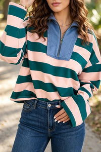 KaleaBoutique Stylish Quarter-Zip Metal Zipper Cover Stitch Hem Top - KaleaBoutique.com