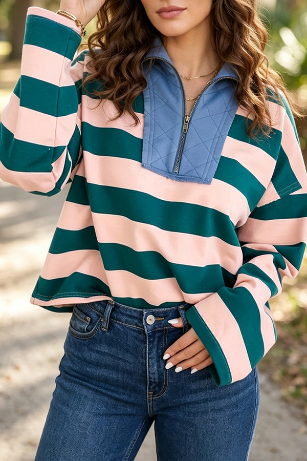 KaleaBoutique Stylish Quarter-Zip Metal Zipper Cover Stitch Hem Top - KaleaBoutique.com