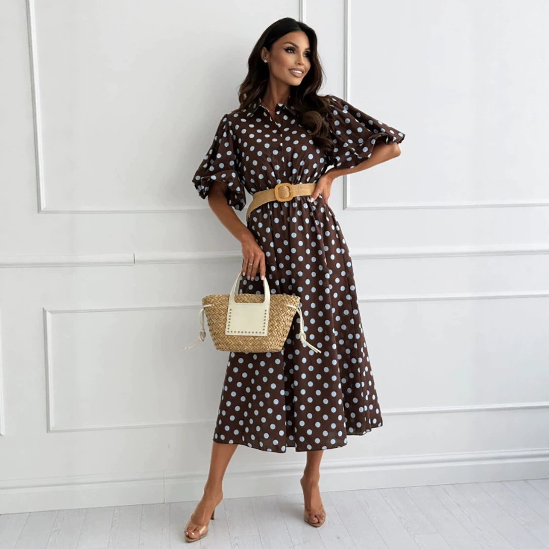 Women's Polka-Dot Collared Puff-Sleeve Midi Dress - KaleaBoutique.com