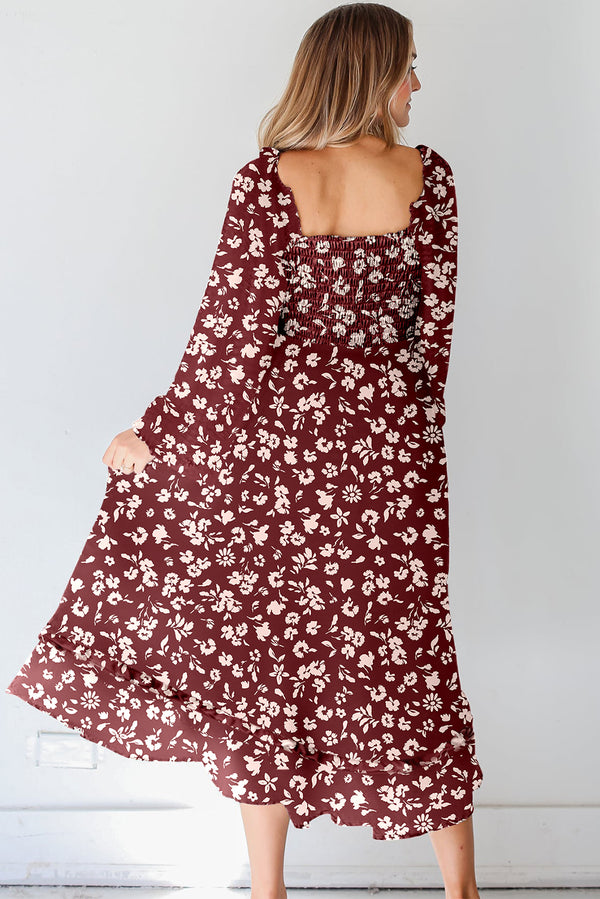 KaleaBoutique Comfortable Floral Print Long Sleeve Square Neck Smocked Maxi Dress - KaleaBoutique.com