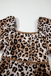 KaleaBoutique Stylish Leopard Print Bubble Sleeve Square Neck Maxi Dress - KaleaBoutique.com