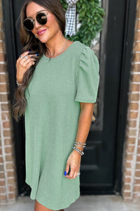 Corded Knit Crew Neck Puff Sleeve Shift Mini Dress - KaleaBoutique.com