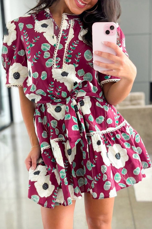 KaleaBoutique Stylish Floral Print Trimmed Short Puff Sleeve Mini Dress with Belt - KaleaBoutique.com