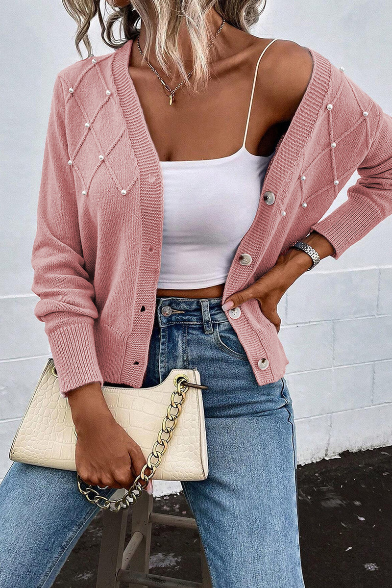 KaleaBoutique Stylish Textured Knit Pearl Beaded Button Up Cardigan - KaleaBoutique.com