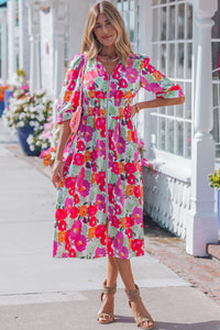 KaleaBoutique Stylish Vibrant Floral Print V Neck Zip Up Puffy Half Sleeve Dress - KaleaBoutique.com
