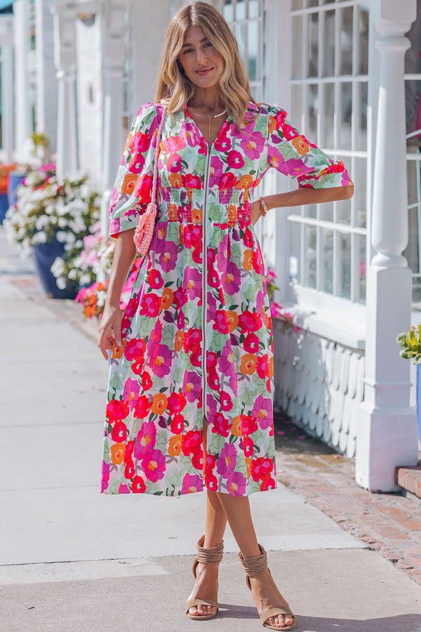 KaleaBoutique Stylish Vibrant Floral Print V Neck Zip Up Puffy Half Sleeve Dress - KaleaBoutique.com