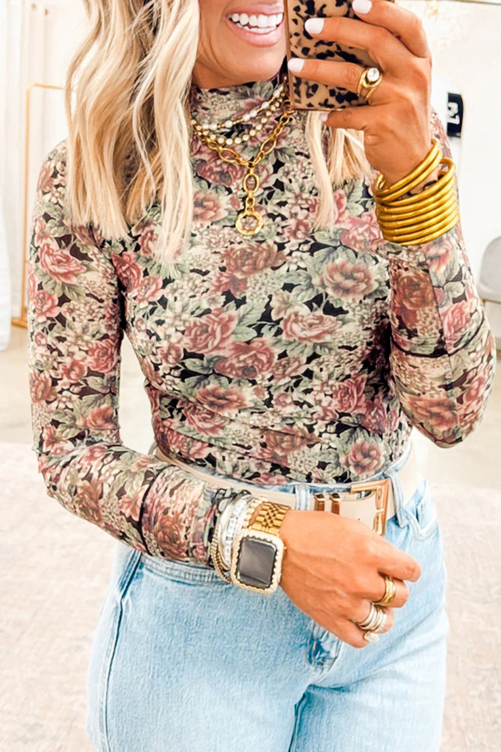 KaleaBoutique Beautiful Floral Print Mock Neck Mesh Long Sleeve Top - KaleaBoutique.com