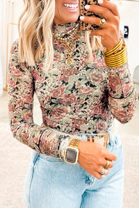 KaleaBoutique Beautiful Floral Print Mock Neck Mesh Long Sleeve Top - KaleaBoutique.com