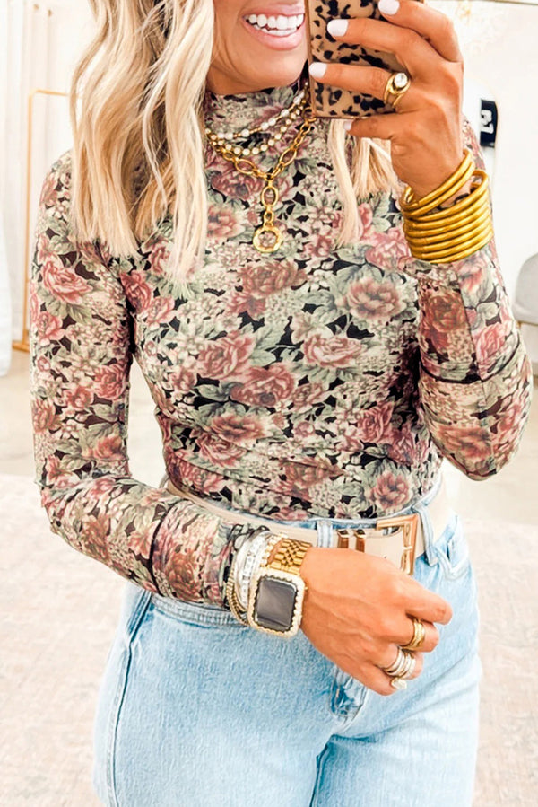 KaleaBoutique Beautiful Floral Print Mock Neck Mesh Long Sleeve Top - KaleaBoutique.com