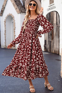 KaleaBoutique Comfortable Floral Print Long Sleeve Square Neck Smocked Maxi Dress - KaleaBoutique.com