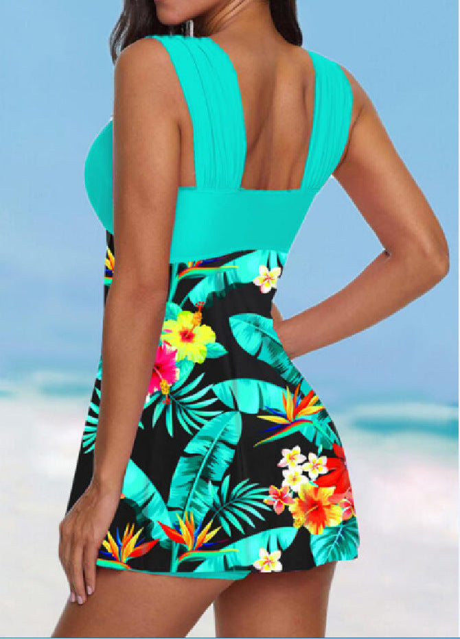 Women's Green Tropical Print Skirted Swim Top and Shorts 2 PC Tankini Set - KaleaBoutique.com