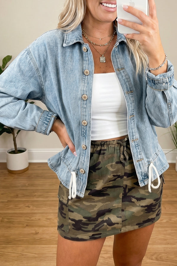 Draw-cord Hem Light Wash Denim Jacket - KaleaBoutique.com