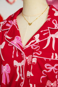 KaleaBoutique Stylish Sweet Bow Print Ruffled Short Sleeve Shirt Shorts 2pcs Pajama Set - KaleaBoutique.com