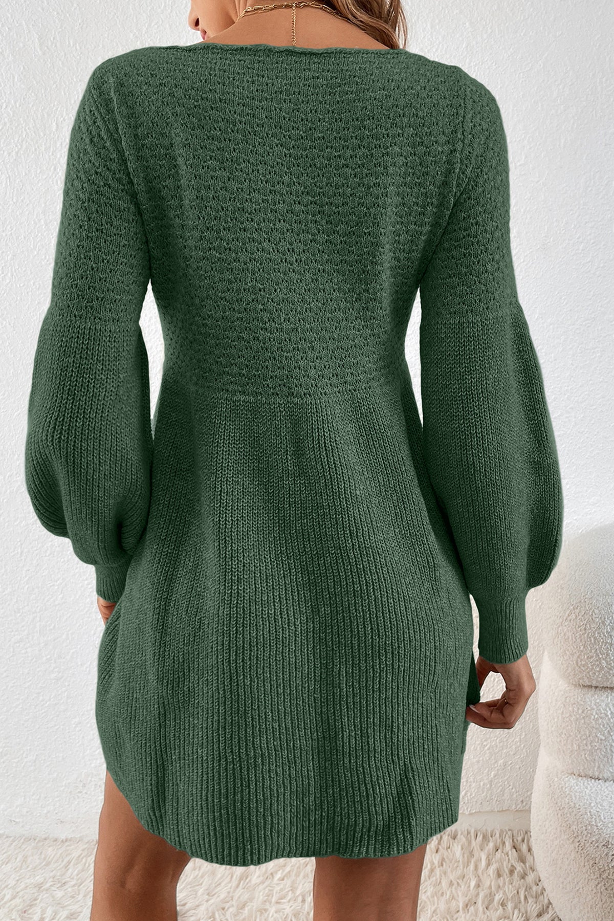 KaleaBoutique Comfortable Solid Lantern Sleeve Empire Waist Short Sweater Dress - KaleaBoutique.com