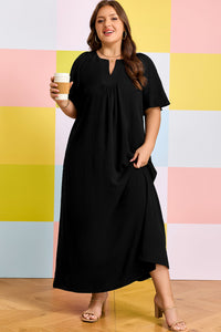 Black Plus Size Notched-Neck Short Sleeve Relaxed Dress - KaleaBoutique.com