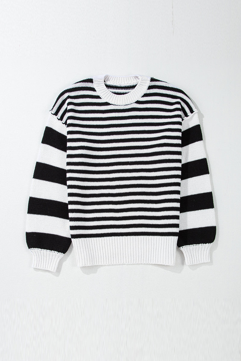KaleaBoutique Stylish Striped Drop Shoulder Bishop Sleeve Knit Sweater - KaleaBoutique.com