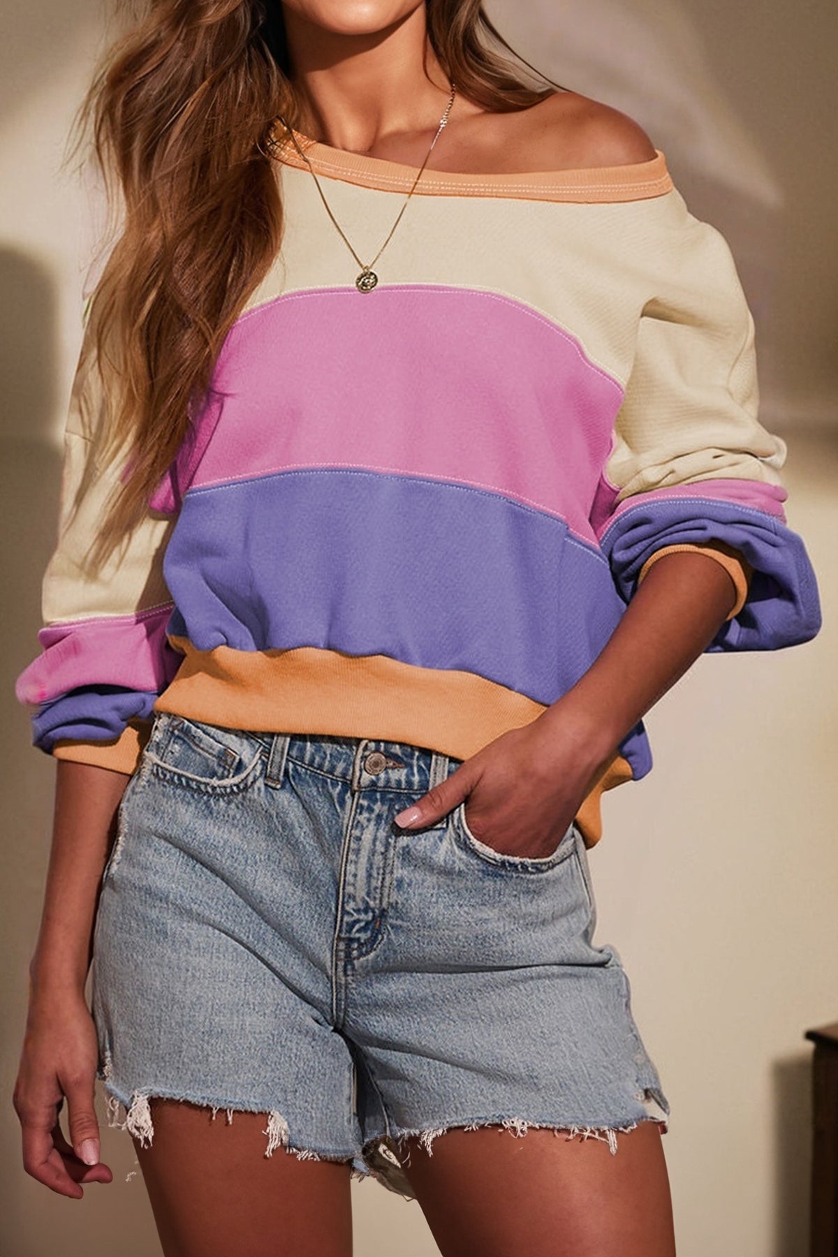 KaleaBoutique Stylish Color Block Patchwork Drop Shoulder Cropped Sweatshirt - KaleaBoutique.com