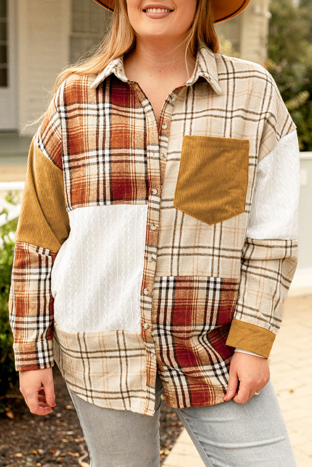 Plus Size Plaid Patchwork Button up Shacket - KaleaBoutique.com