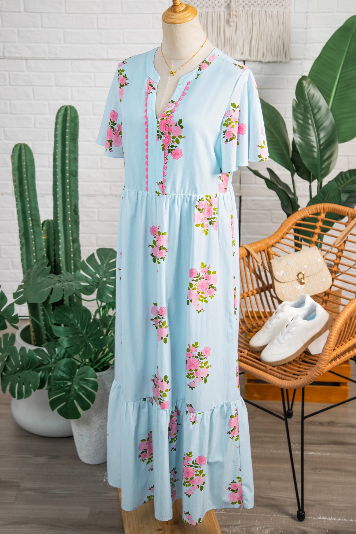 KaleaBoutique Comfortable Notched Neck Flutter Short Sleeve Floral Print Maxi Dress - KaleaBoutique.com