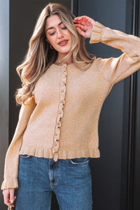 KaleaBoutique Comfortable Ruffle Trim Gold Button Sweater Cardigan - KaleaBoutique.com