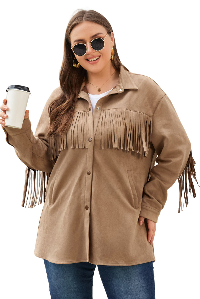 KaleaBoutique Fringe Trim Plus Size Suede Shacket - KaleaBoutique.com