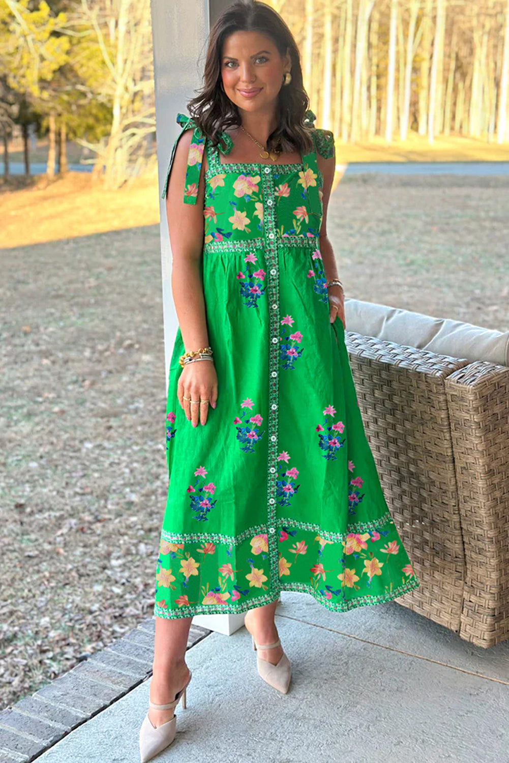 KaleaBoutique Beautiful Floral Print Contrast Trim Knotted Straps Midi Dress - KaleaBoutique.com