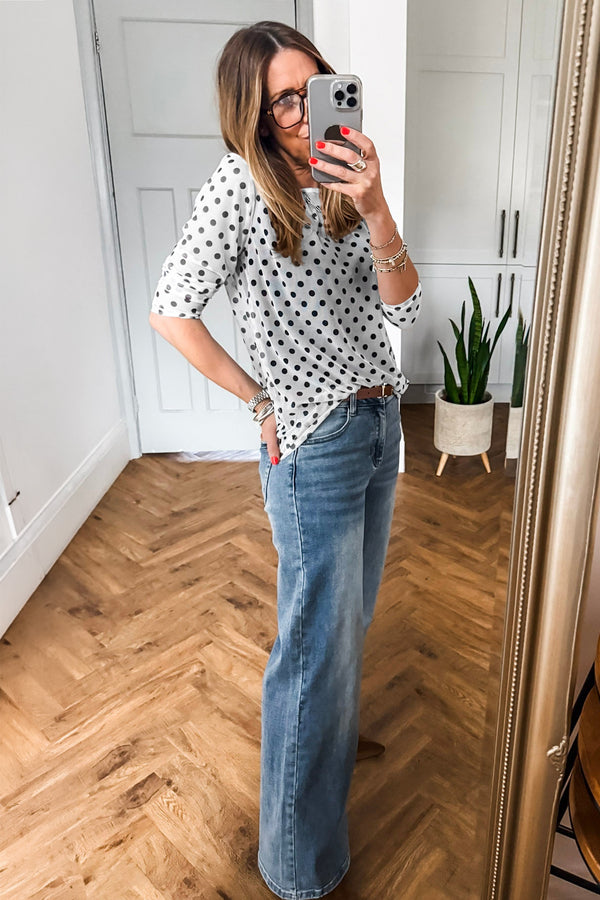 KaleaBoutique Stylish Polka Dot Sheer Mesh Long Sleeve Round Neck Shift Top - KaleaBoutique.com