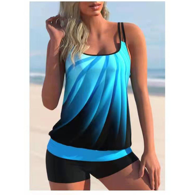Women's Blue Abstract-Print Blouson Tankini Set with Swim Shorts - KaleaBoutique.com