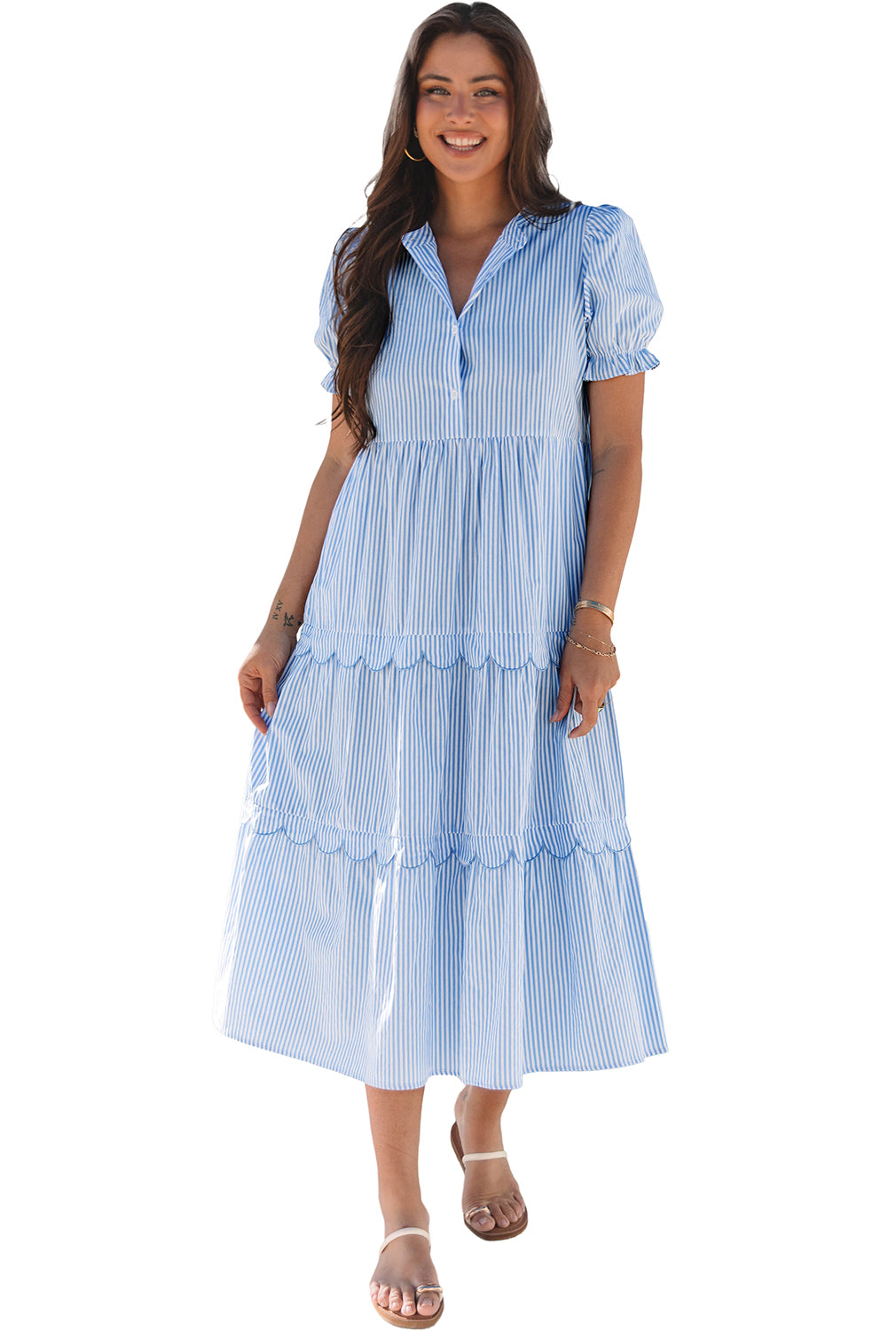 Bubble Short Sleeve Tiered Scallop Long Dress - KaleaBoutique.com