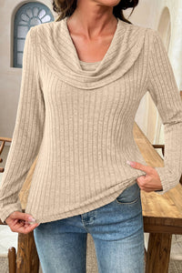 KaleaBoutique Stylish Solid Color Ribbed Knit Cowl Neck Long Sleeve Top - KaleaBoutique.com