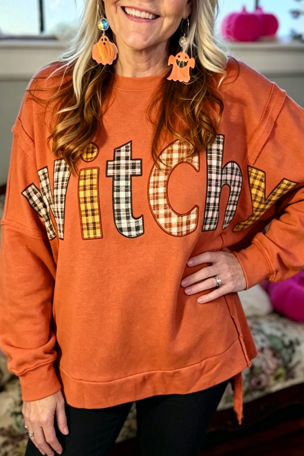 KaleaBoutique Comfortable Halloween Witchy Plaid Slogan Embroidered Patch Tunic Sweatshirt - KaleaBoutique.com