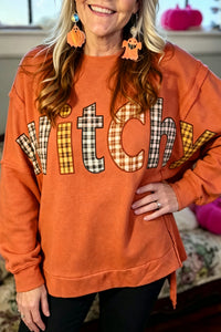 KaleaBoutique Comfortable Halloween Witchy Plaid Slogan Embroidered Patch Tunic Sweatshirt - KaleaBoutique.com