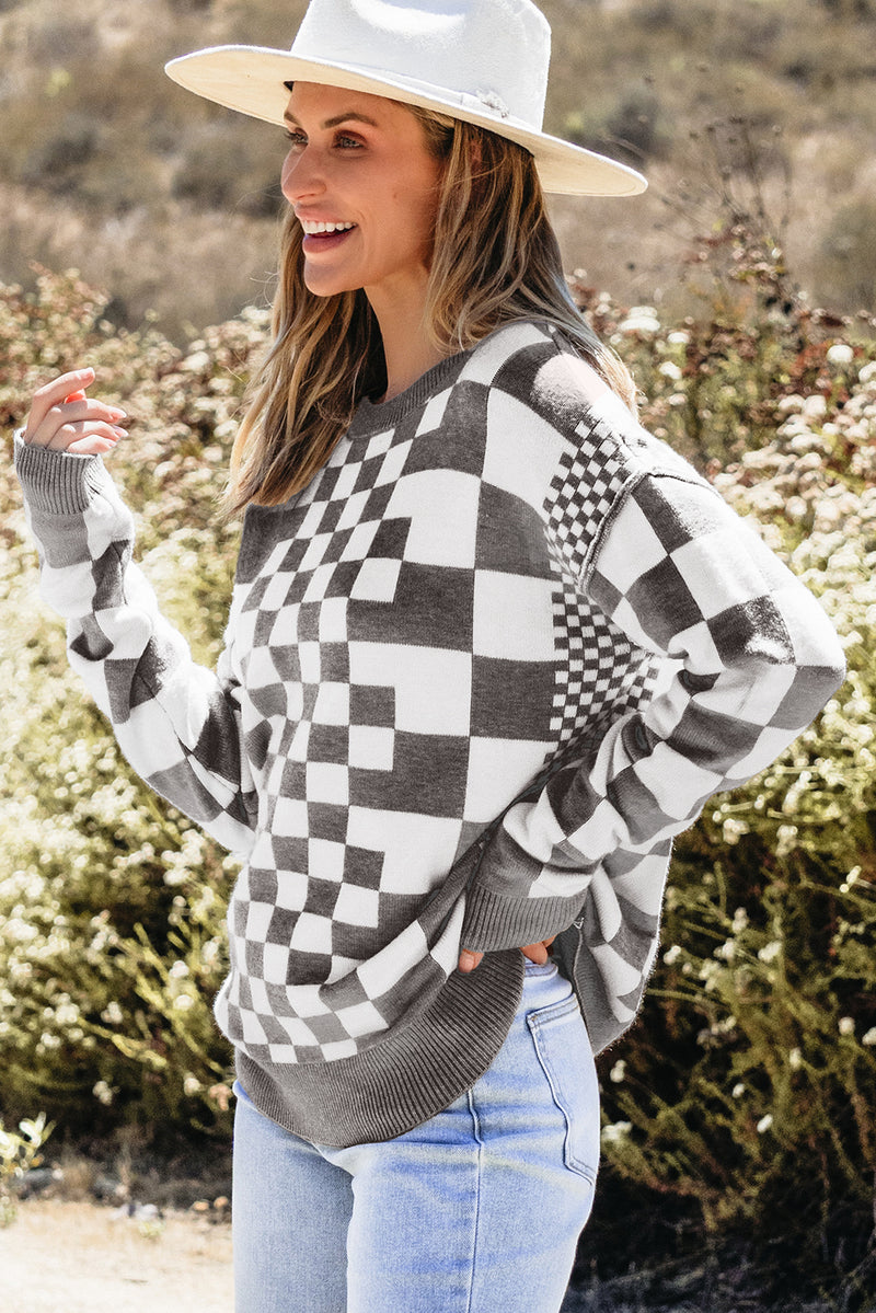 KaleaBoutique Checkered Print Drop Shoulder Round Neck Sweater - KaleaBoutique.com