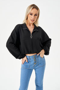 Women's Cropped Half-Zip Loose Fit Pullover Sweatshirt - KaleaBoutique.com