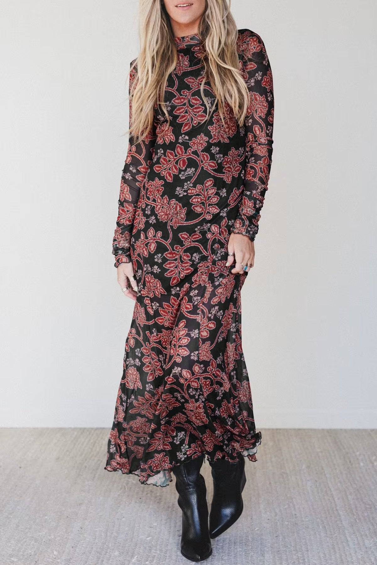KaleaBoutique Stylish Retro Floral Print Long Sleeve Casual Mesh Dress - KaleaBoutique.com