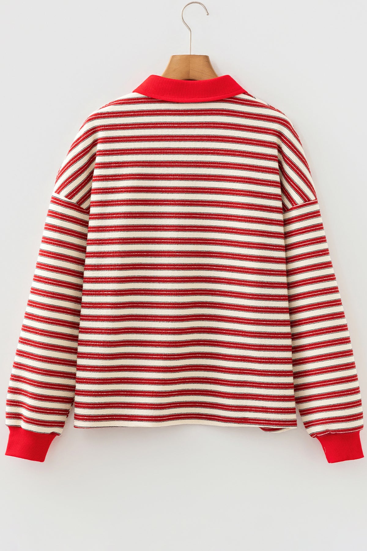 Striped Print Contrast Collar Zip V Neck Long Sleeve Top - KaleaBoutique.com