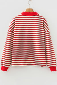 Striped Print Contrast Collar Zip V Neck Long Sleeve Top - KaleaBoutique.com