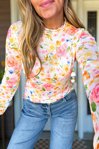 KaleaBoutique Stylish Lettuce Trim Floral Print Sheer Mesh Long Sleeve Top - KaleaBoutique.com