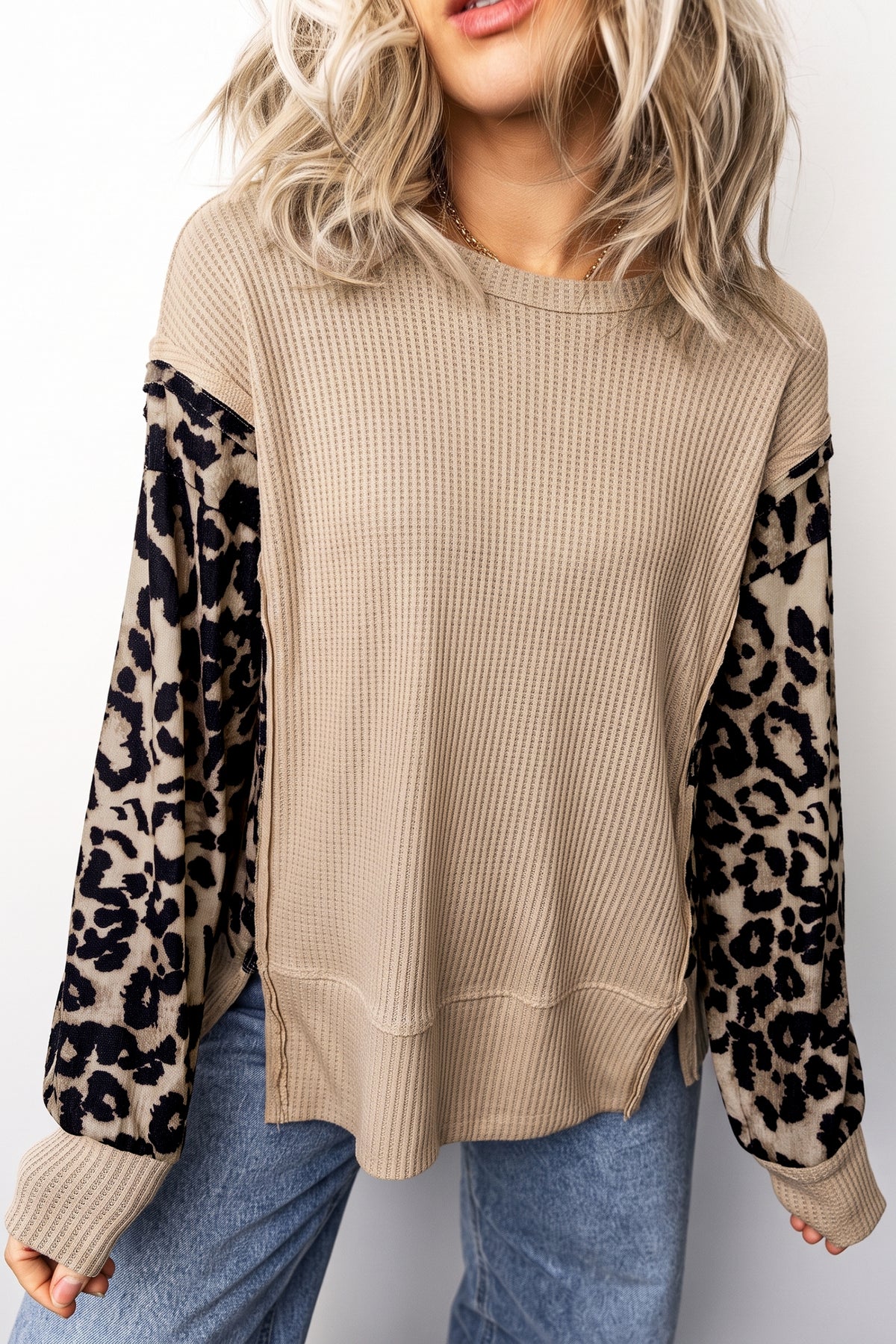 KaleaBoutique Stylish Leopard Sleeve Waffle Knit Split Hem Top - KaleaBoutique.com