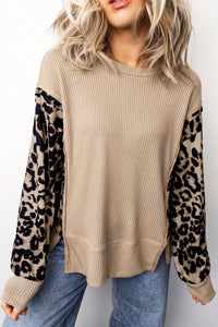 KaleaBoutique Stylish Leopard Sleeve Waffle Knit Split Hem Top - KaleaBoutique.com