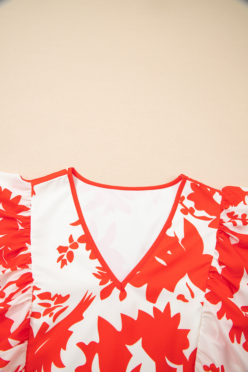 KaleaBoutique Stylish Floral Print Trimmed V Neck Ruffle Sleeve Long Dress - KaleaBoutique.com