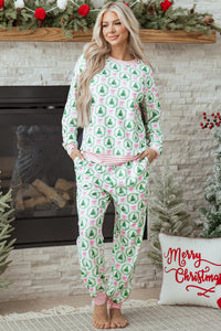 KaleaBoutique Comfortable Bow Christmas Tree Print Contrast Striped Banding 2pcs Lounge Set - KaleaBoutique.com
