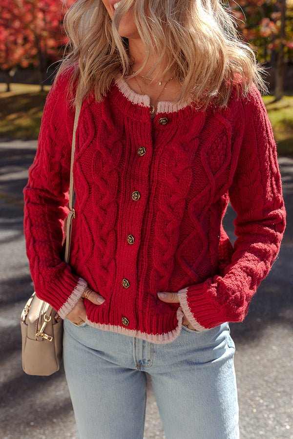 KaleaBoutique Comfortable Color Contrast Edge Cable Knit Buttoned Cardigan - KaleaBoutique.com