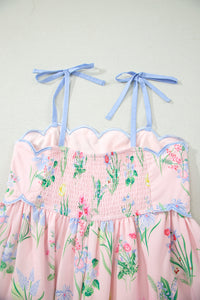 KaleaBoutique Stylish Floral Print Contrast Trim Self-tie Straps High Waist Midi Dress - KaleaBoutique.com
