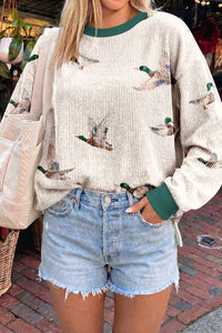 KaleaBoutique Stylish Twisted Ribbed Duck Print Crewneck Casual Pullover Top - KaleaBoutique.com