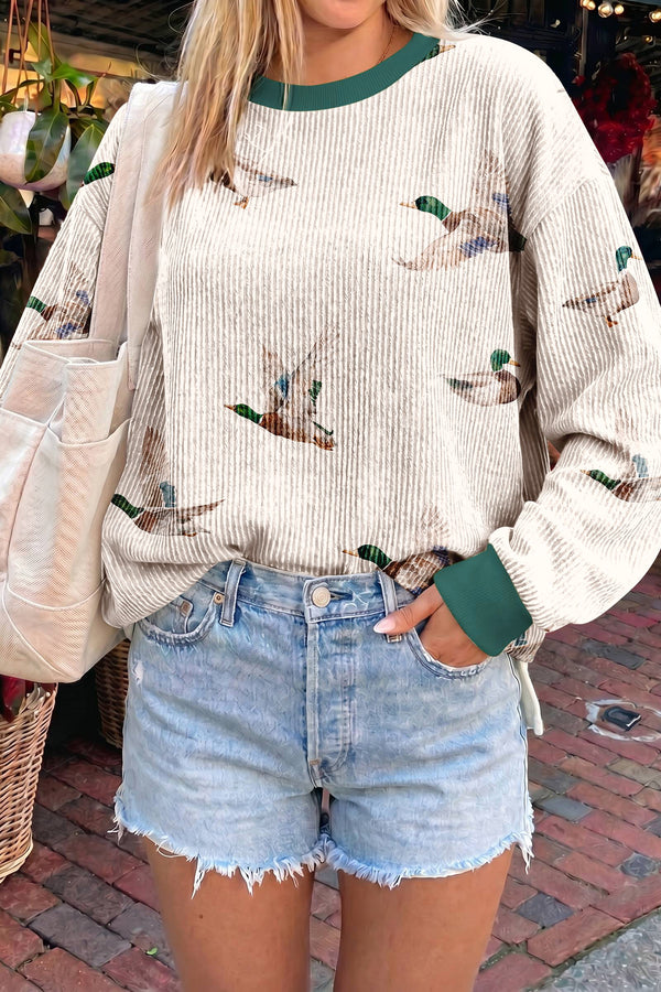 KaleaBoutique Stylish Twisted Ribbed Duck Print Crewneck Casual Pullover Top - KaleaBoutique.com