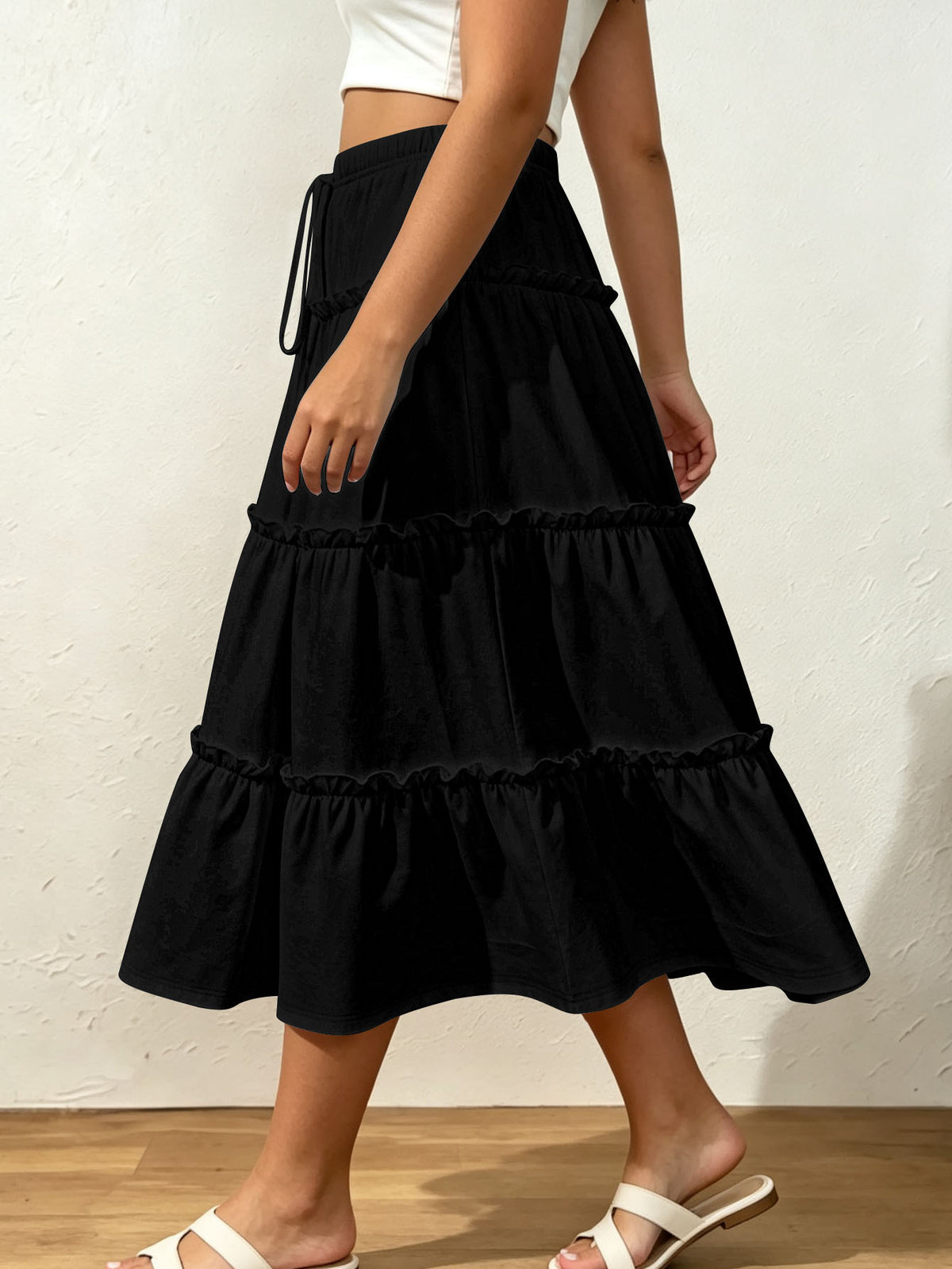 Drawstring Elastic Waist Loose Slimming Midi Tiered Skirt - KaleaBoutique.com