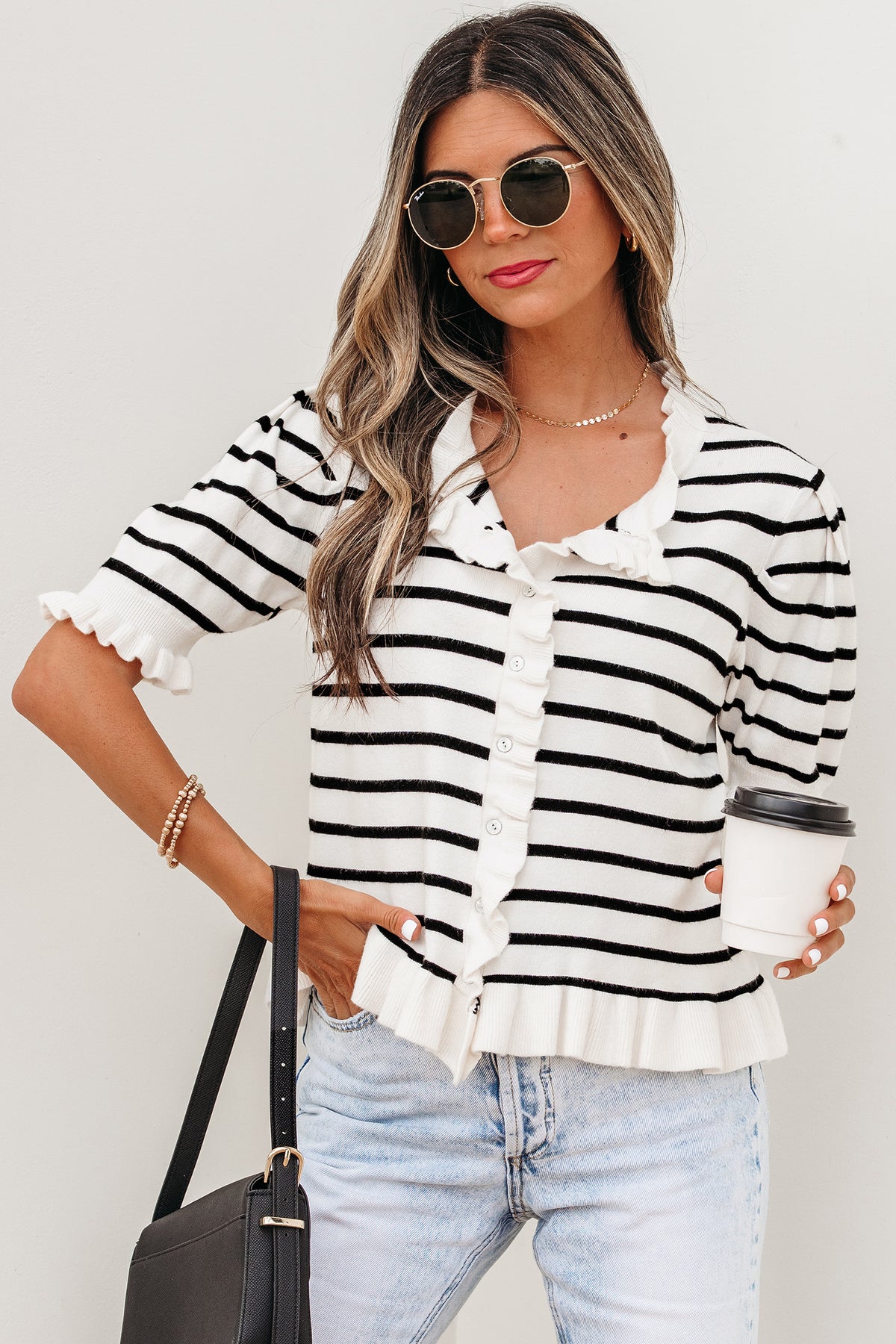 KaleaBoutique Comfortable Ruffle Trim Button Down Knit Short Sleeve Sweater Cardigan - KaleaBoutique.com