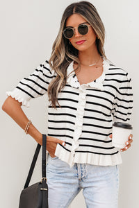 KaleaBoutique Comfortable Ruffle Trim Button Down Knit Short Sleeve Sweater Cardigan - KaleaBoutique.com